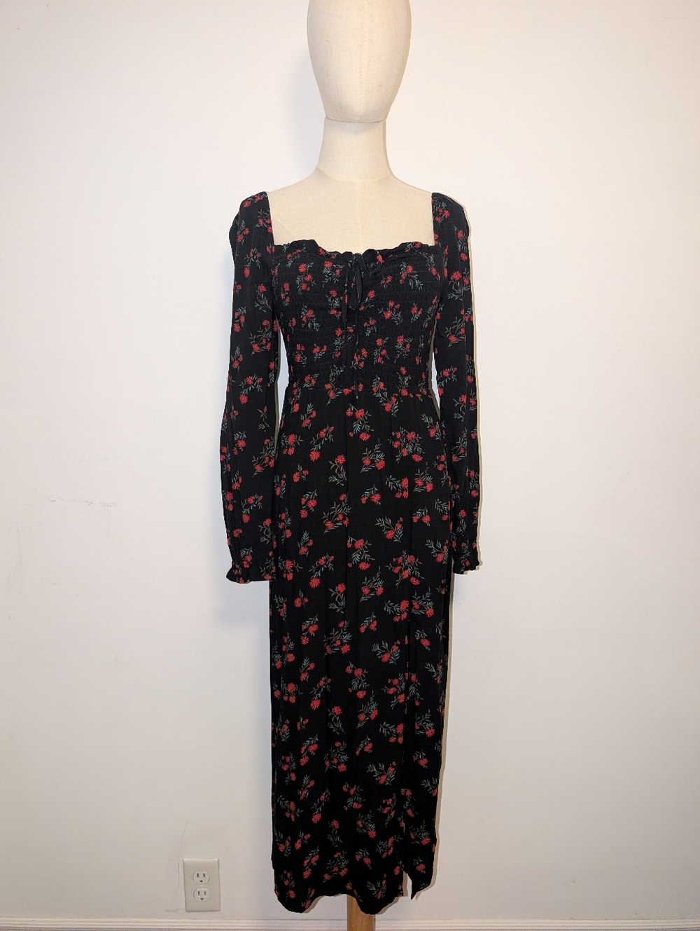 Black Floral Long Sleeve Midi Dress with Red Floral Print